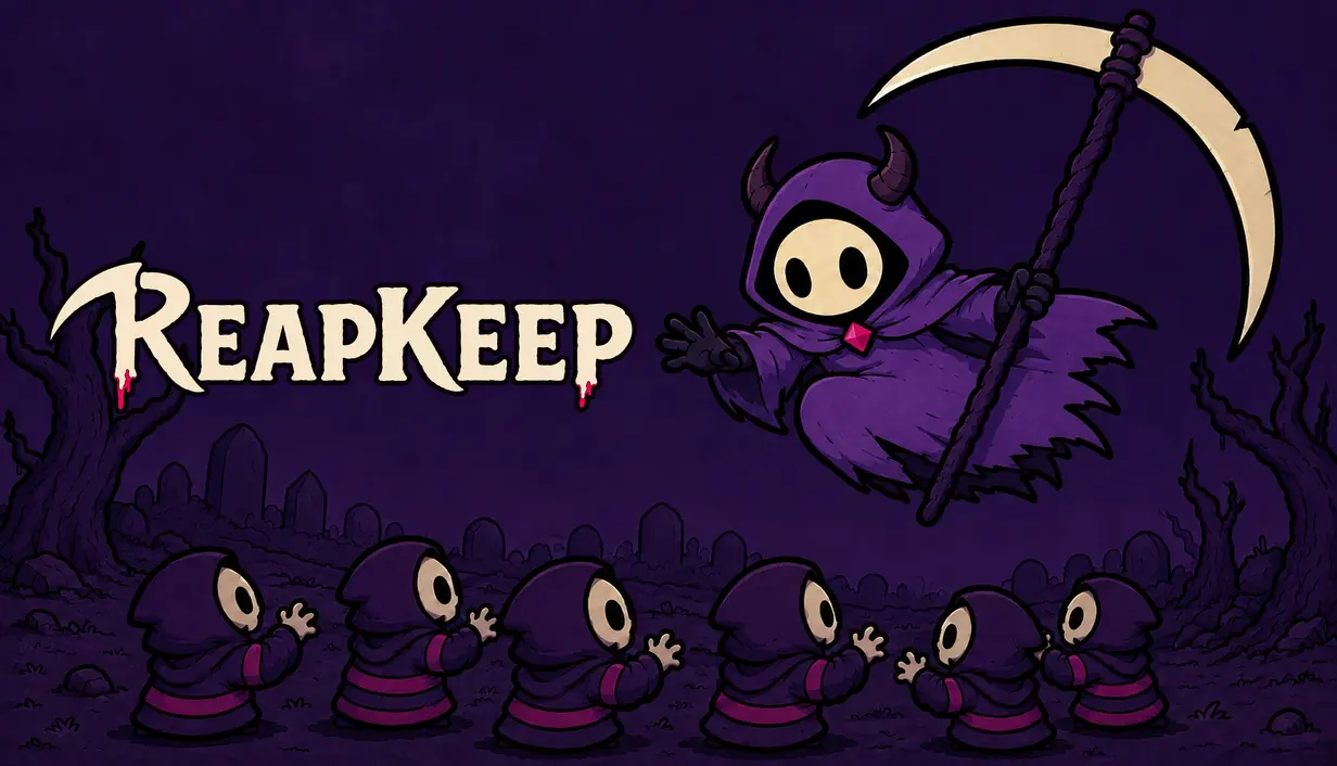 ReapKeep's cream-and-pink logo beside a purple-cloaked Reaper, with a scythe and a crowd of hooded enemies in a dark graveyard.